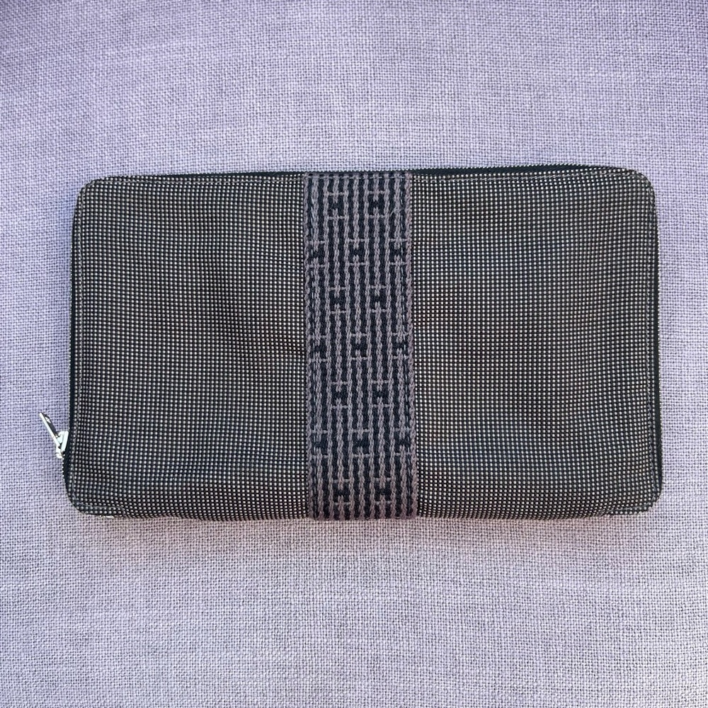 Hermes Large Organizer Yell Lone Long Wallet Canvas Nylon Gray Navy Zip Around - Picture 5 of 5